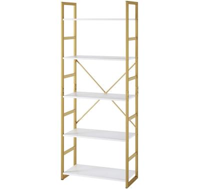 China 5 Tier Bookcase Shelf Storage Organizer Book Rack Gold Metal Frame Furniture Environmentally Friendly Modern Shelf for sale