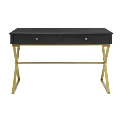 China Modern Extendable Gold Frame White Panel Computer Desk Table With Two Drawers for sale