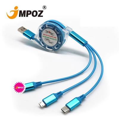 China 1.2m 3 in 1 USB Cable Retractable 3 in 1 Micro Charging Type C USB Charging Cable 3A USB Cable One Three Data Traveling Charging Cord for sale