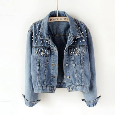 China Women Plus Size Plus Size Vintage Jean Jacket Bomber Denim Coat Casual Pearl White Wash Long Sleeve for sale