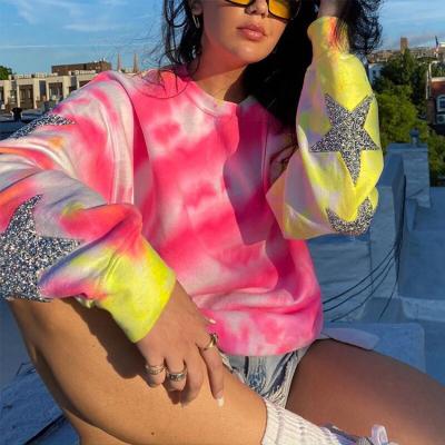 China QUICK DRY Women Casual Round Neck Loose Long Sleeve Tie Dye Basic Hoodies Printed for sale