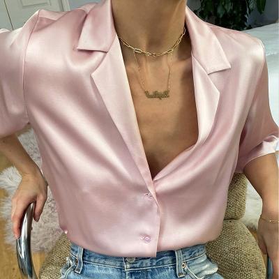 China Solid Color Anti-Shrink V-Neck Autumn Blouse Lady Satin Short Sleeve Straight Blouse for sale