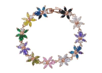 China 14K Gold Plated Sterling Silver Flower Bracelet Highly Polished With Colorful Zircon for sale