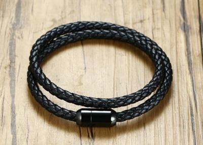 Chine Boucle véritable d'aimant plaquée par IP de noir tissée par double d'acier inoxydable du bracelet 39CM de fermoir de cuir à vendre