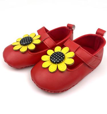 China Newest Wholesale Unisex Round Baby Kids Soft Leather Trim Infant Toddler Front Shoes Sunflower Decorated Infant Shoes Toddler Shoes for sale