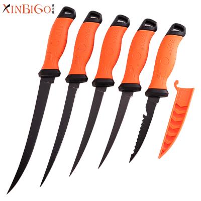 China Comfortable Use XINBIGO Rubber Plastic Handle Fishing Net Knife Stainless Steel Outdoor Fish Knife Set for sale