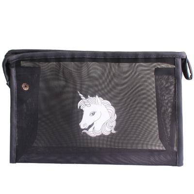 China Fashoion Customized Logo Printing Unicorn Makeup Bag Black Gauze Makeup Bag Transparent Fashion Travel Portable Cosmetic Bag for sale