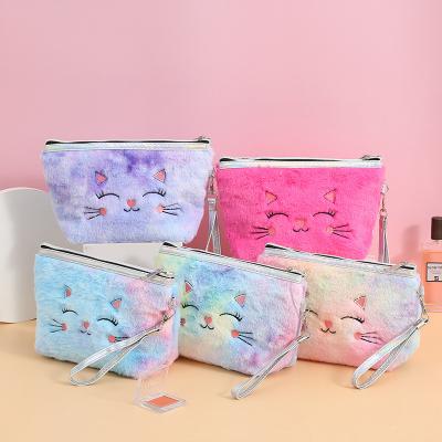 China High Quallity Manufacturer Wholesale Girls Cute Cartoon Cat Plush Wash Makeup Bag Portable Ladies Toiletry Cosmetics Storage Bag for sale