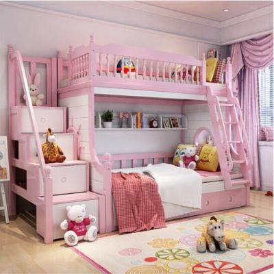 China Contemporary Romantic Pink White Solid Wood Princess Kids Bunk Beds Bedroom Furniture Set for sale