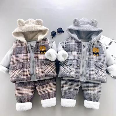 China Nylon / Cotton 1 Year Old Kids Baby Winter Boys And Girls Plus Thick Velvet 3 Piece Suit Sets Clothing for sale