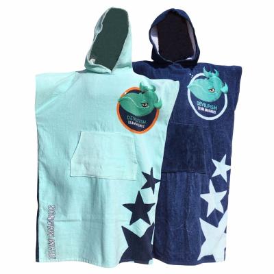 China Wholesale Kids 100% Cotton Surf Poncho Towel Soft Touch Poncho Towel Robe Light and Dark Blue Unisex for sale