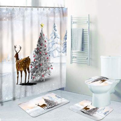 China Customized Viable Merry Christmas 3D Shower Curtain Printed Polyester Christmas Tree Designer With 3pc Bath Cover Set Floor Mat Non Slip for sale