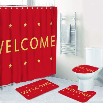 China 4 Piece Bathrooms Christmas Viable Design Printed Shower Curtain Waterproof Toilet Pad Cover Bath Mat Decor Shower Curtain Set for sale