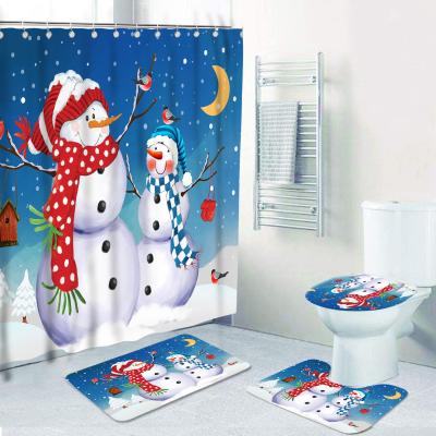 China Viable Santa Claus and Christmas Shower Curtain Snowman Printed Set Waterproof Bathroom Floor Mat 3 Piece Cover Set Bathroom Rug Set for sale