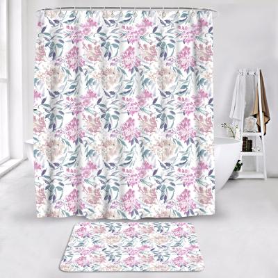 China Viable Luxury 3D Printed Rose Watercolor Floral Bathroom Wholesale Shower Curtain With 12 Non Slip Hooks Bath Mat Floor Covers for sale