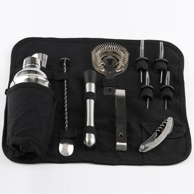 China Water Resistant Black Bartender Kit With Tools Viable Profession Travel Bar Wine Accessories Tools Cocktail Shaker Set Canvas Kit Bag for sale