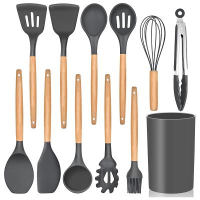 China 12Pcs Silicone Kitchen Sustainable Cookware Set Spatula Wooden Spoon Handles Kitchenware Silicone Nonstick Cookware Utensils Set for sale