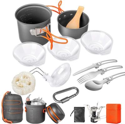 China Quality Aluminum 14 in 1 Stainless Steel Outdoor Camping Cookware Set with Burner, Cook Tea Kettles Kitchen Cutlery Cookware Camping Set for sale