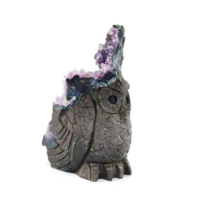 China Europe Crystal Stones High Quality Natural Owl Carving Crystal Geode Cluster For Desk Decoration ZLF Gift for sale