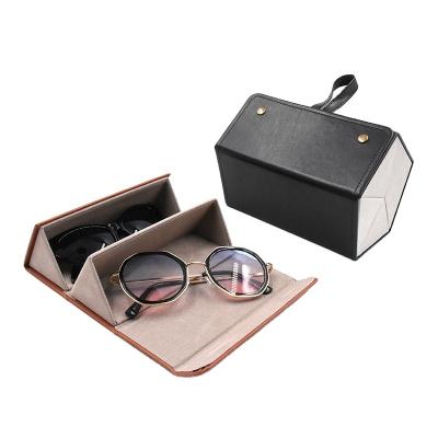 China Custom Logo 2 Eyewear PU Folding Portable Folding Sunglasses Custom Space Saving Slot Show Storage Case for sale