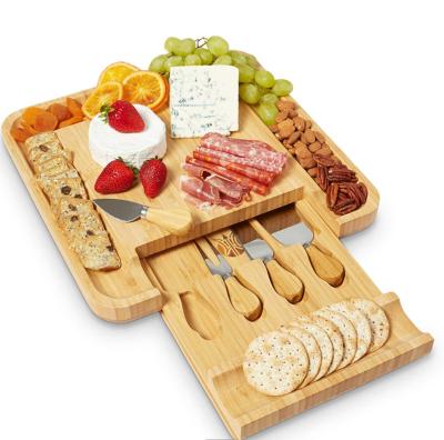 China Disposable MJ Cheese Board Set Tray and Meat Serving Board with Drawer, 4 Knife MJ Hot Sale Bamboo 2 Stainless Chalk 2 Slate for sale