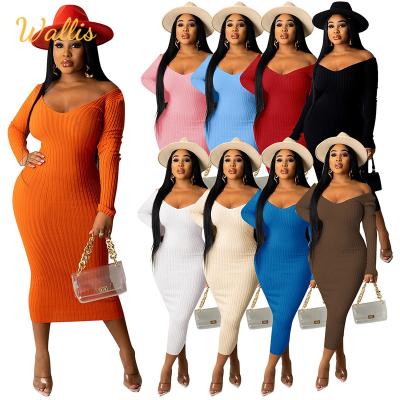 China Anti-Static Ladies Ribbed Long Sleeve Even Maxi Dress Wholesale Women Solid Color V-Neck Bodycon Dress 2022 for sale