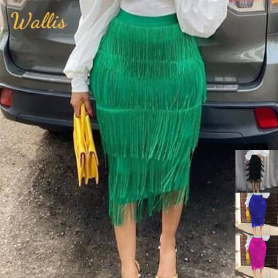 China Breathable Women Green Midi Length Ladies Slim Sexy High Waisted Skirt Saias Faldas Bodycon Sheath Fringe Pencil Tassel Girl Skirts for sale