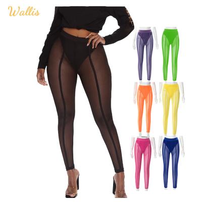 China Anti-Wrinkle Fashion Sexy See Through High Waist Gaiters Slim Casual Black Mesh Trouser Fitness Women Sheer Sweat Panties Sports Pants for sale