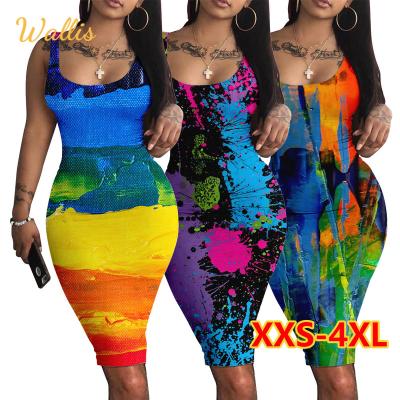 China Dropshipping Digital Printing Anti-Static Women Tank Dress Elegant Bodycon Sleeveless Sheath Casual Slim Dress for sale