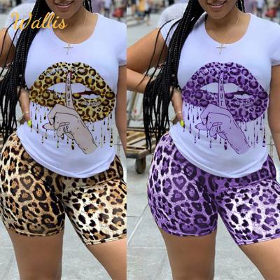 China QUICK DRY Women Clothing Plus Size 5XL Two Piece Set Lips Print T-shirt Top Leopard Biker Shorts Sweat Suit 2 Pcs Women Set for sale