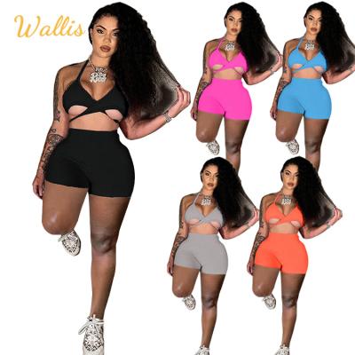 China Women Two Piece Set Anti-pilling Sports Camisole Casual Slim Shorts Summer Short Set Clothing Sexy Crop Tops Set Custom for sale