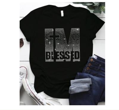 China Wholesale Custom Letter Short Sleeve Ladies Blessed Designer T-shirt Anti-Wrinkle Stretching Rhinestone Graphic Heat Transfers T-shirt Tee for sale