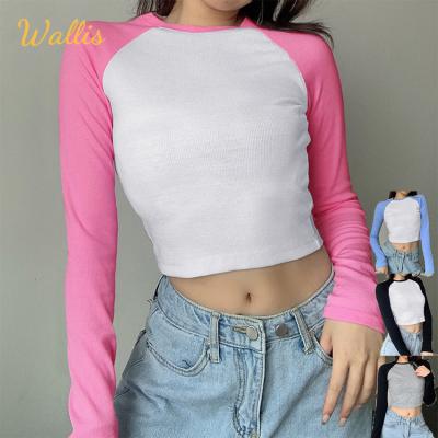 China Breathable Patchwork 5 Spandex 95 Fashionable Pink Polyester Streetwear Ribbed Ladies Custom Sexy Women Crop Long Sleeve T-shirt Top T-shirt for sale