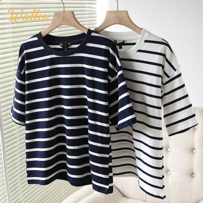 China Custom Drop Shoulder Tee Shirt Femme Striped T-shirt Women Tops Summer Anti-Wrinkle Knitted Short Sleeve T-shirts Clothing Camiseta De Mujer for sale