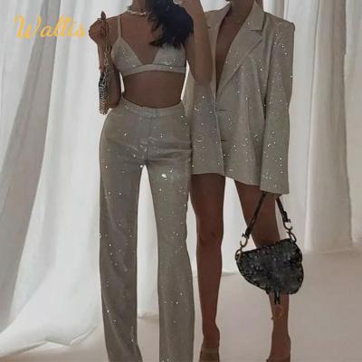 China Mujer Glitter Party Breathable Sexy Bra 2 Piece Pants Set Luxury Sequin Office Club Night Suits Blazers Ladies Women Trouser Suits for sale