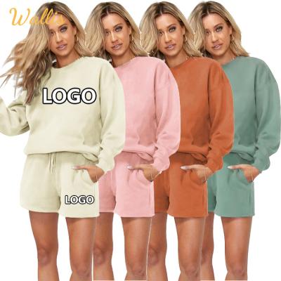 China Breathable Fleece Sweatsuits Women Crews Pink Crop Top Long Sleeve Shorts Casual Sweatshirt 2 Piece Set Autumn Tracksuit Custom Logo for sale