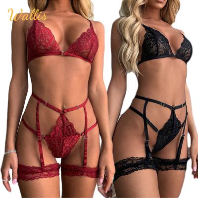 China Spandex Garter Sexy Lingerie For Women Lace Up Underwear Set Female Perspective Bra Thong Panties Erotic Lingerie Set for sale