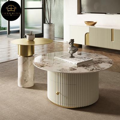 China (Others) luxury adjustable combined furniture with rock dish top and round gold stainless steel tea table coffee table for sale