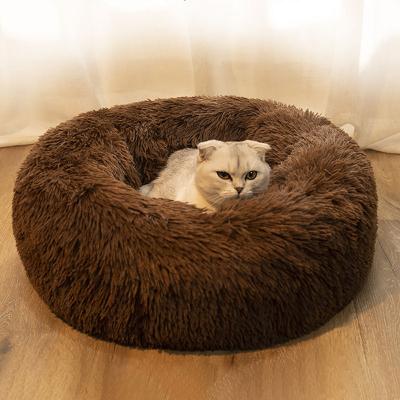 China 2022 Long Faux Fur Round Dog Bed Breathable Comfortable Waterproof Plush Donut Dropshipping Soft Washable Cat Bed Removable Pet Cushion for sale