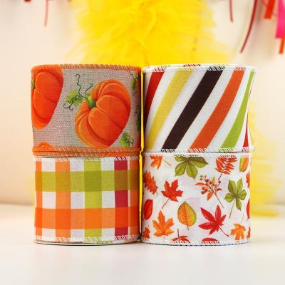 China Eco-friendly Huihuang Customized Digital Printing Holiday Autumn Fall Wire Ribbon Pumpkin Ribbon 63mm/2.5 Inch for sale