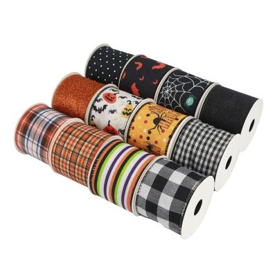 China Wholesale Recyled Huihuang Rolls Ribbons Glitter Custom Pattern Printed Fabric Satin Halloween Wired Ribbon for sale