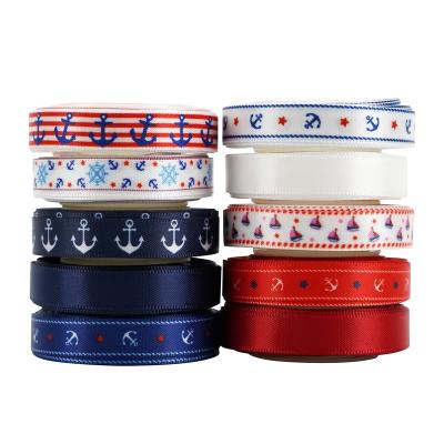 China Vivid color fastness. Heat Pressure Printing Sailor Navy Blue Satin Grosgrain Custom Sale Set Roll Huihuang Ribbon For Craft for sale