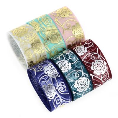 China Simple Printing 25mm Ribbon Fashion Face Polyester Floral Organza Ribbon Silver Or Gold Foil for sale