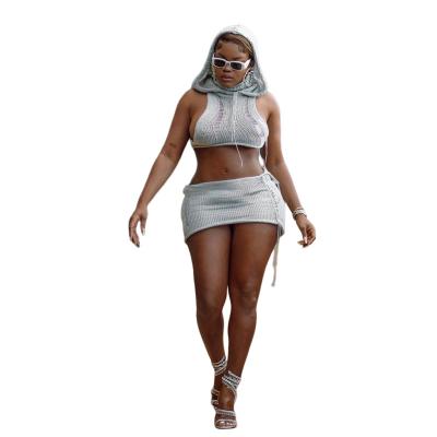 China QuiteS breathable 2023 new summer sexy hollowed out knitted high waist hooded upper buttocks skirt suit for women for sale