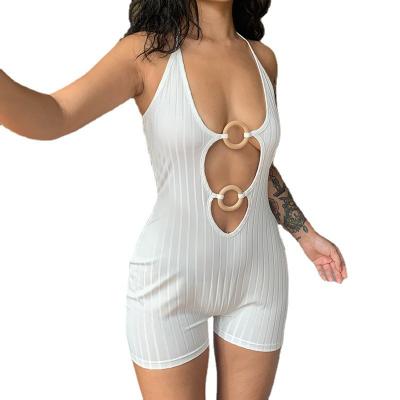 China QuiteS QUICK DRY Women Clothes Solid Color Suspender Neck Sexy Backless Ring Hollow Knitted One Piece Shorts Jumpsuit for sale