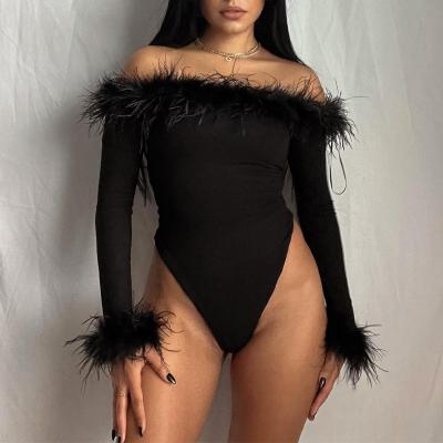 China Sexy QUICK DRY Woolen Shoulder QuiteS Fur Off The Shoulder Solid Color Long Sleeve Tops One Piece Jumpsuit for sale