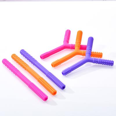 China Toy New Design Food Grade Soft Silicone Y Hollow Baby Teething Straws Teether Tubes Sensory Toys for sale