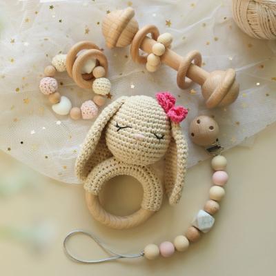 China Soft Wooden Toy Crochet Rattle Toys Silicone Beads Pacifier Clip Ring Teething Teether Handmade Bunny for sale