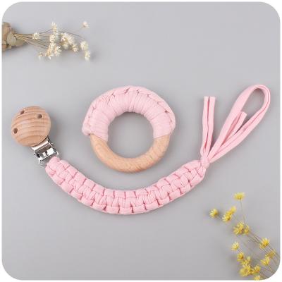 China Handmade Toy New Design Beech Wood Soft Clip Ring Teether Cotton Pacifier Chain Holder Wooden Set for sale