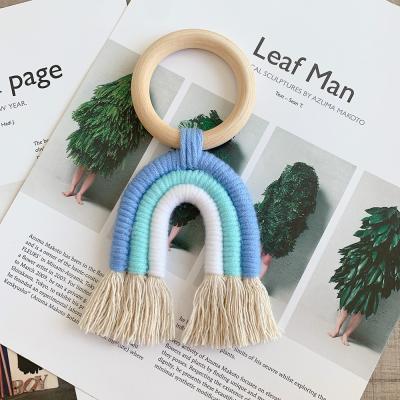 China Soft Toy Manufacturer Offer Ins Hot Sale Baby Chewing Wooden Teether Ring Macrame Rainbow Teether Toys for sale